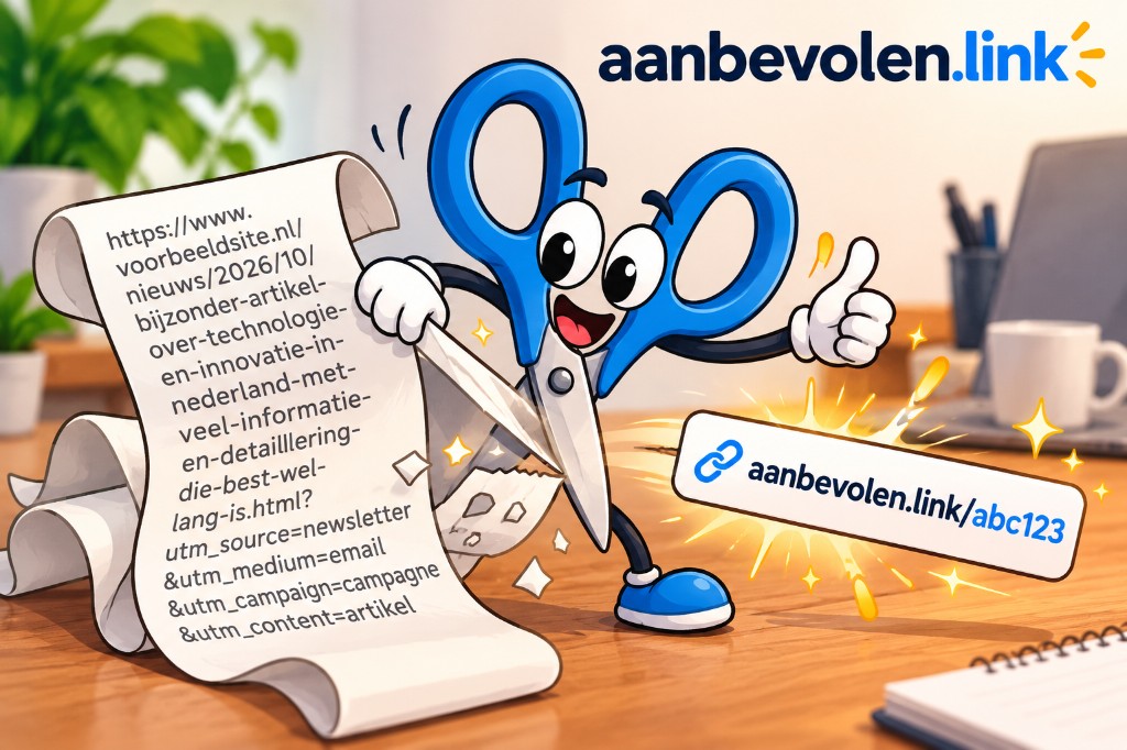 Een schaar knipt een lang webadres korter tot aanbevolen.link/abc123.